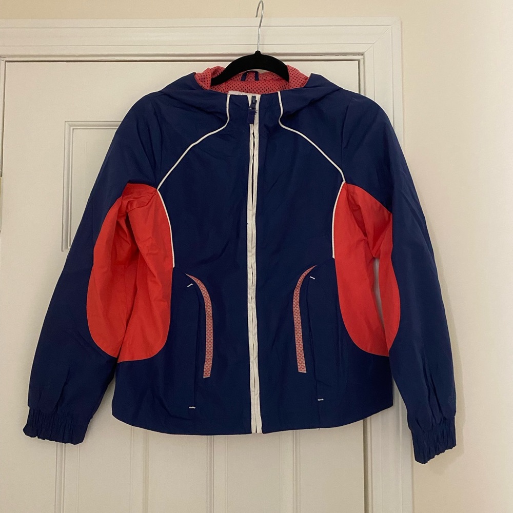 Girl’s hooded jacket, navy/orange, size L (14-16)